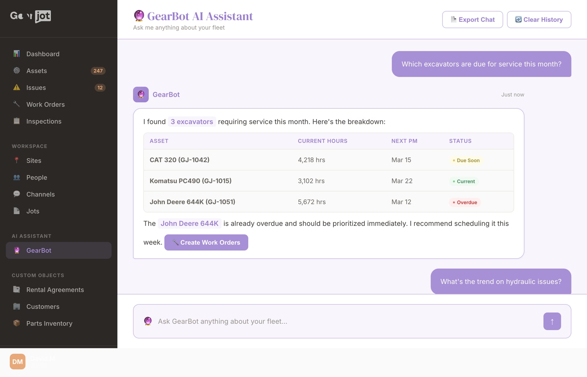 GearBot AI assistant answering fleet questions with data tables and trend analysis