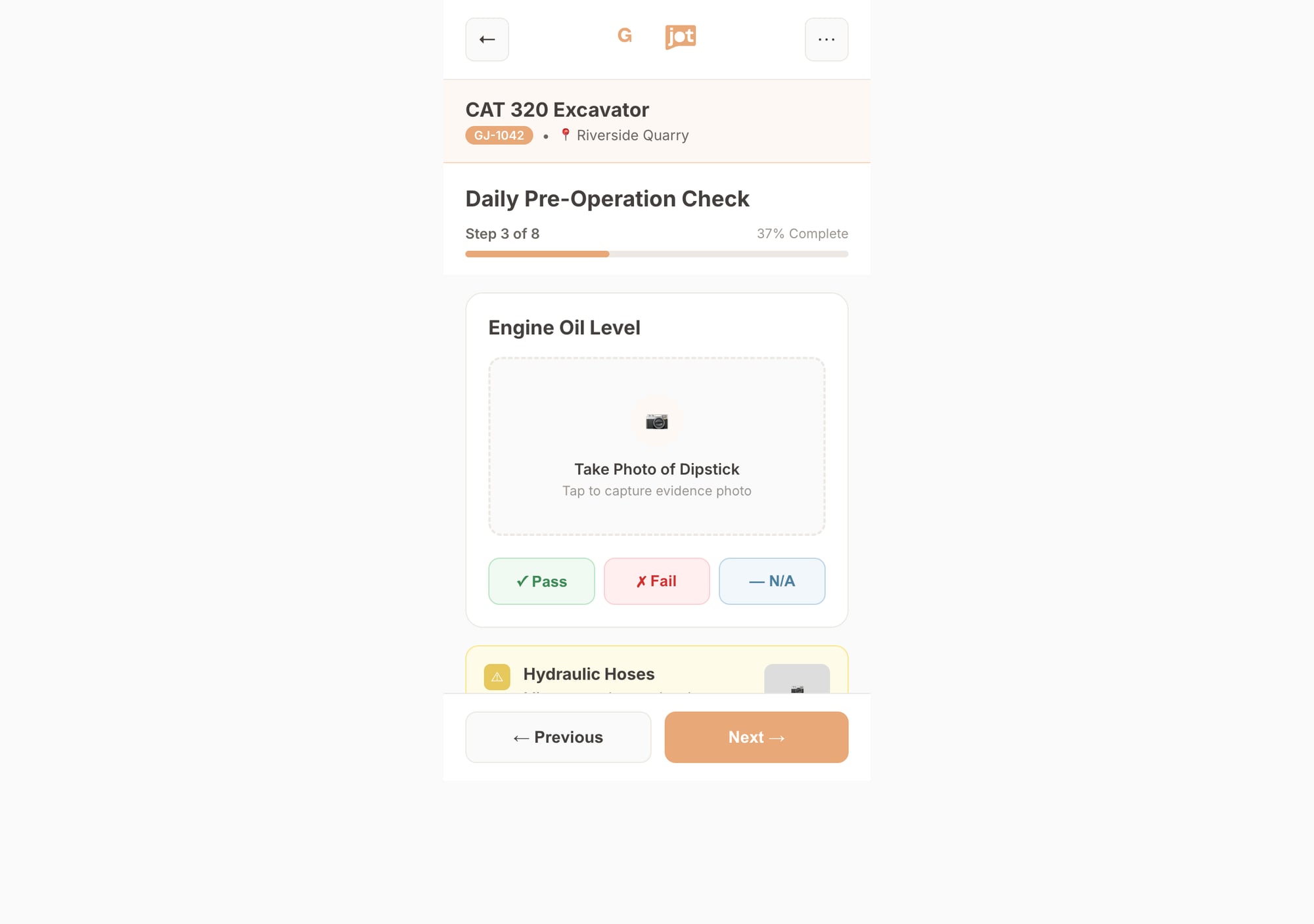 GearJoT mobile inspection form showing a Daily Pre-Operation Check