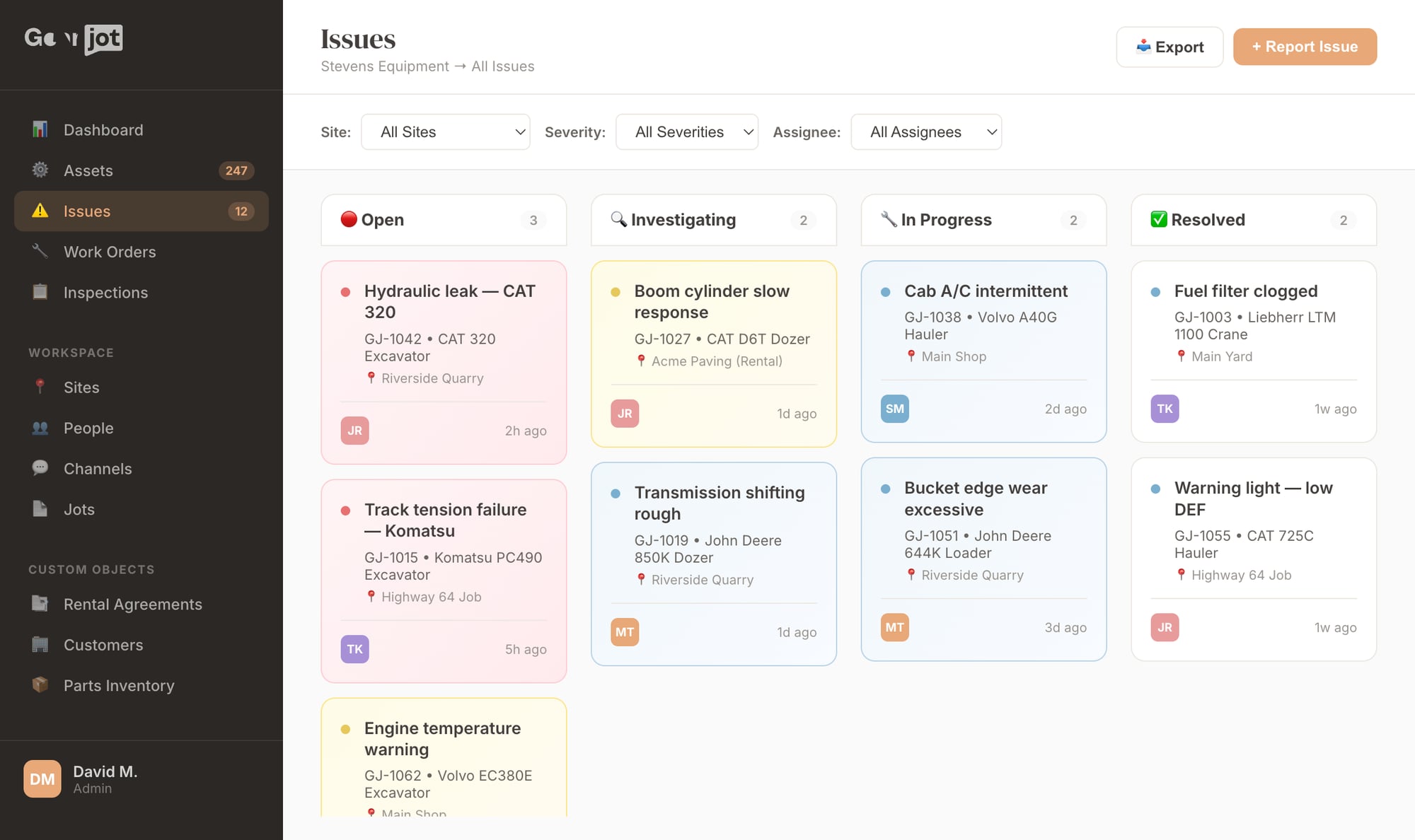 GearJoT issues kanban board with severity-colored cards